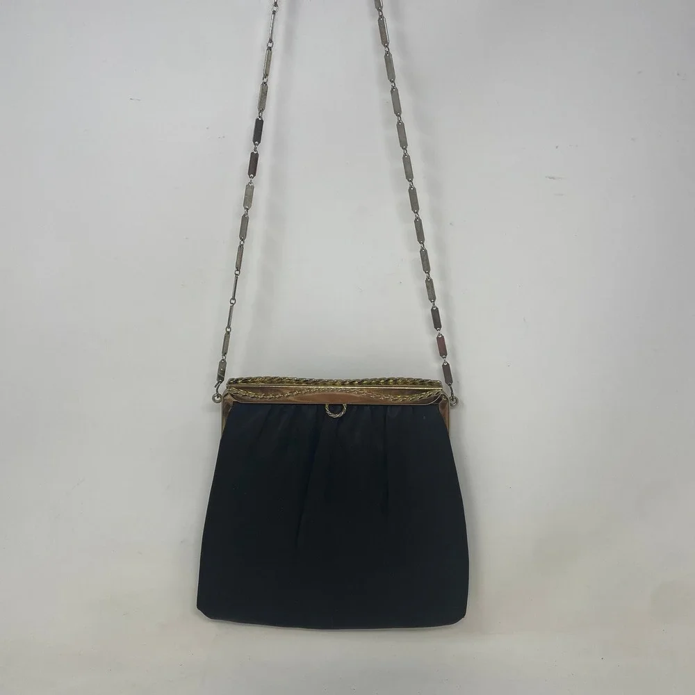 Vintage HL USA Black Satin Evening Bag Gold Frame Chain Shoulder Clutch Bag